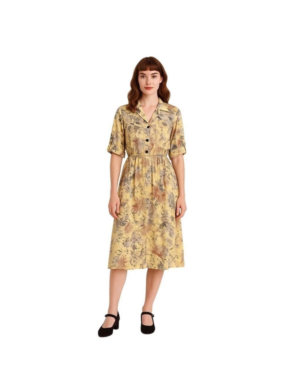 Vintage 80s 90s Buttercream Pale Yellow Midi Dress Canada Abstract Floral ~ S